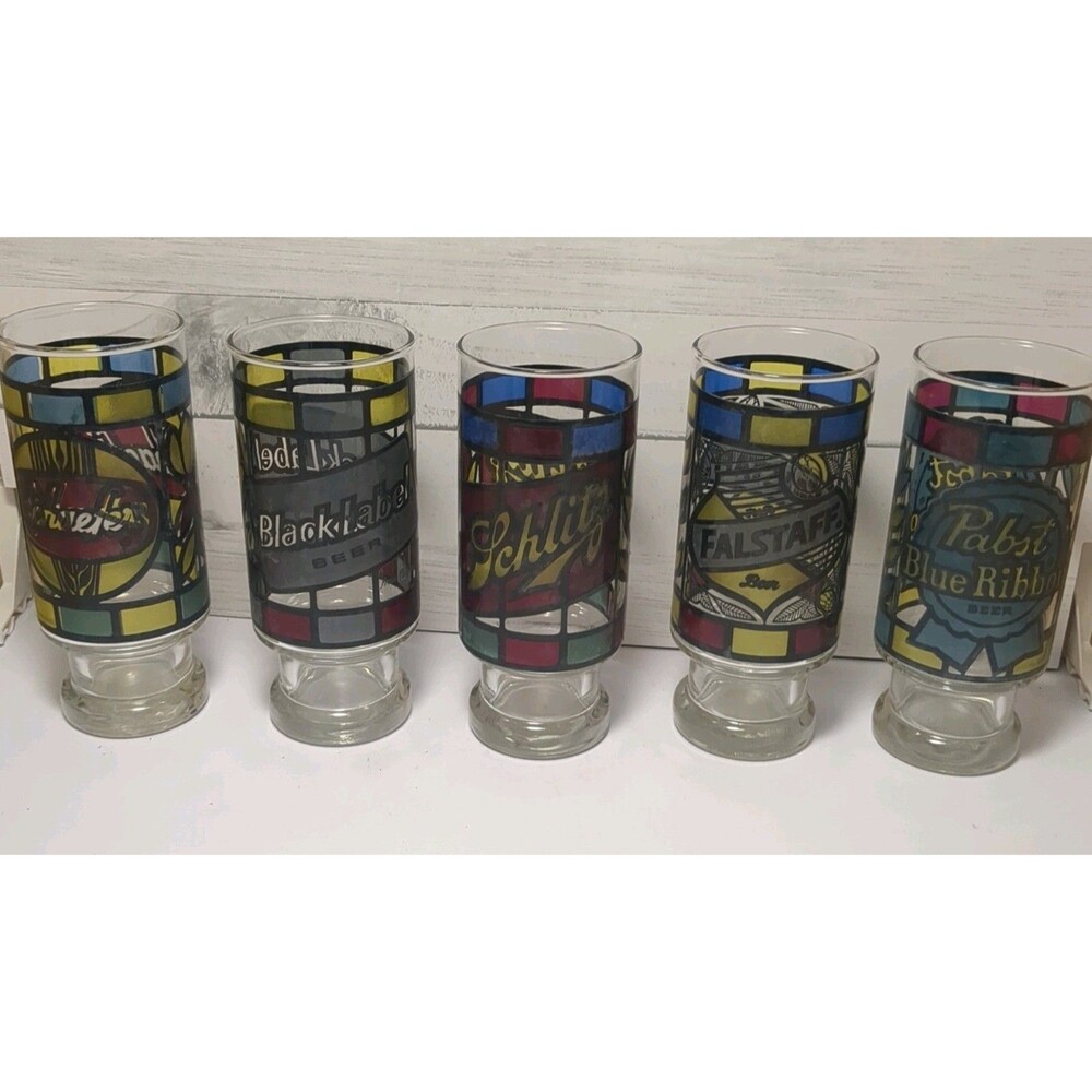 Vintage 70s Beer Bar Glasses Set of 5 Stained Glass Schaefer Falstaff Pabst